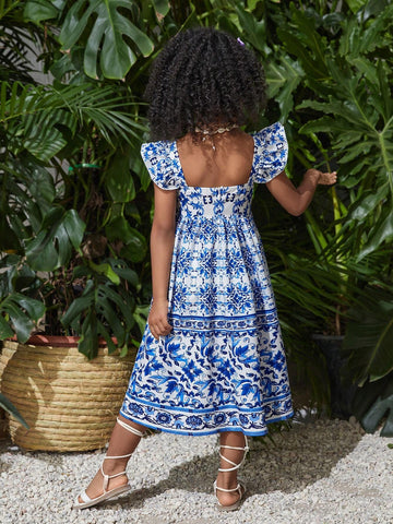 Young Girl's Woven Floral Square Neck Ruffle Trimmed Casual Dress