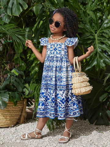 Young Girl's Woven Floral Square Neck Ruffle Trimmed Casual Dress