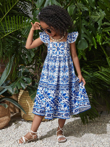 Young Girl's Woven Floral Square Neck Ruffle Trimmed Casual Dress