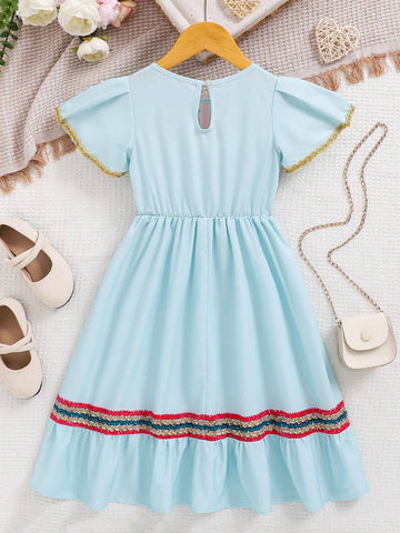 Young Girl's Woven Flowers Printed Casual One-Piece Dress With Woven Belt And Round Neckline Mommy And Me Matching Outfits