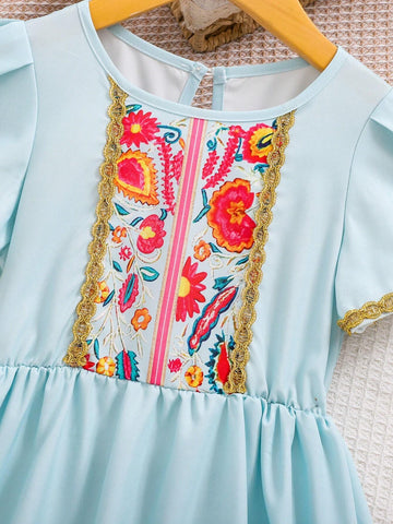 Young Girl's Woven Flowers Printed Casual One-Piece Dress With Woven Belt And Round Neckline Mommy And Me Matching Outfits