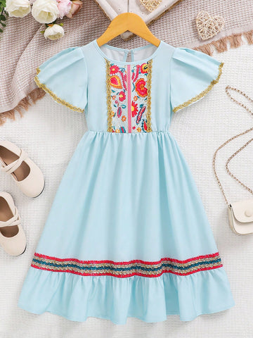 Young Girl's Woven Flowers Printed Casual One-Piece Dress With Woven Belt And Round Neckline Mommy And Me Matching Outfits