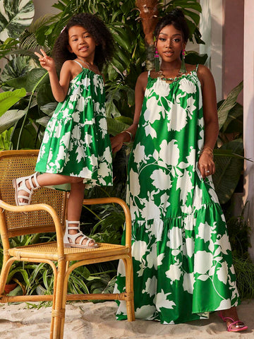 Young Girl's Woven Loose-Fitting Floral Spaghetti Strap Sundress, Perfect For Summer Vacation