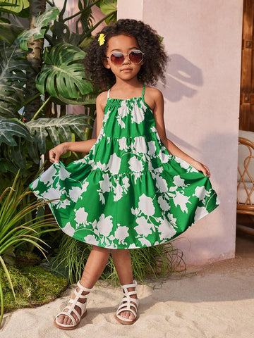 Young Girl's Woven Loose-Fitting Floral Spaghetti Strap Sundress, Perfect For Summer Vacation