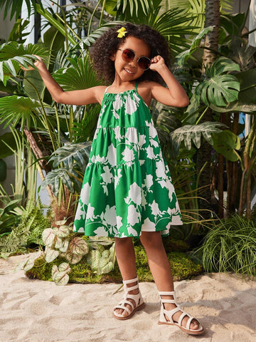 Young Girl's Woven Loose-Fitting Floral Spaghetti Strap Sundress, Perfect For Summer Vacation