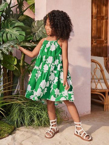 Young Girl's Woven Loose-Fitting Floral Spaghetti Strap Sundress, Perfect For Summer Vacation
