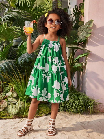 Young Girl's Woven Loose-Fitting Floral Spaghetti Strap Sundress, Perfect For Summer Vacation