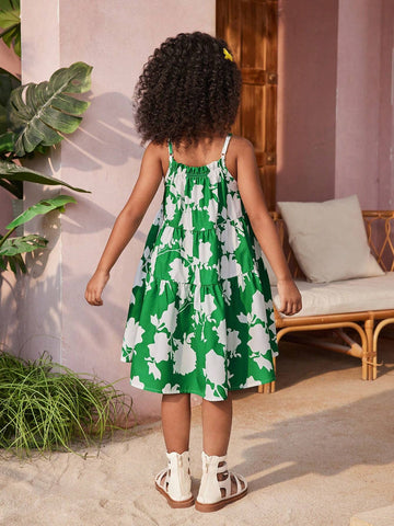 Young Girl's Woven Loose-Fitting Floral Spaghetti Strap Sundress, Perfect For Summer Vacation