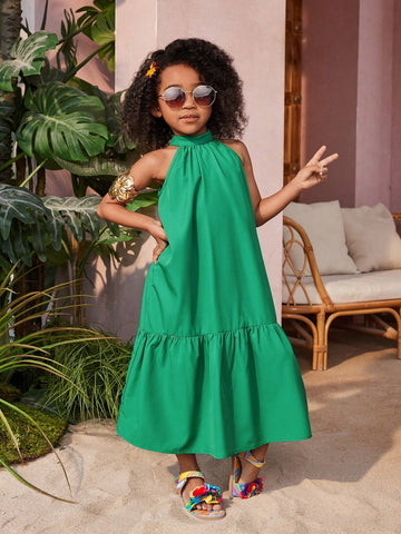 Young Girl's Woven Solid Color Sleeveless Maxi Dress With Halter Neckline, Perfect For Vacation