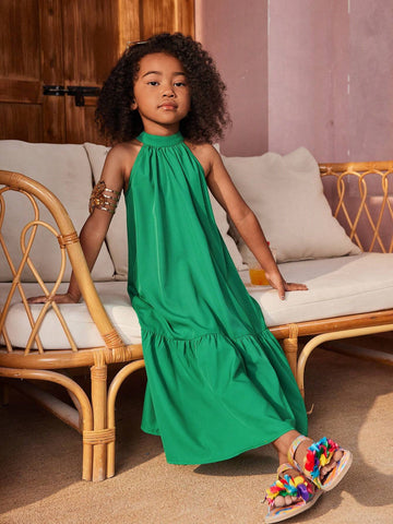 Young Girl's Woven Solid Color Sleeveless Maxi Dress With Halter Neckline, Perfect For Vacation