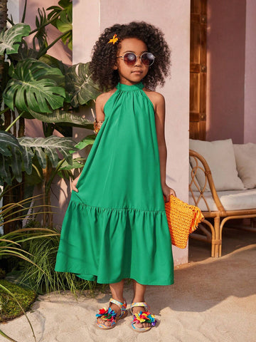 Young Girl's Woven Solid Color Sleeveless Maxi Dress With Halter Neckline, Perfect For Vacation