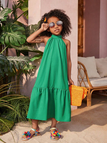 Young Girl's Woven Solid Color Sleeveless Maxi Dress With Halter Neckline, Perfect For Vacation
