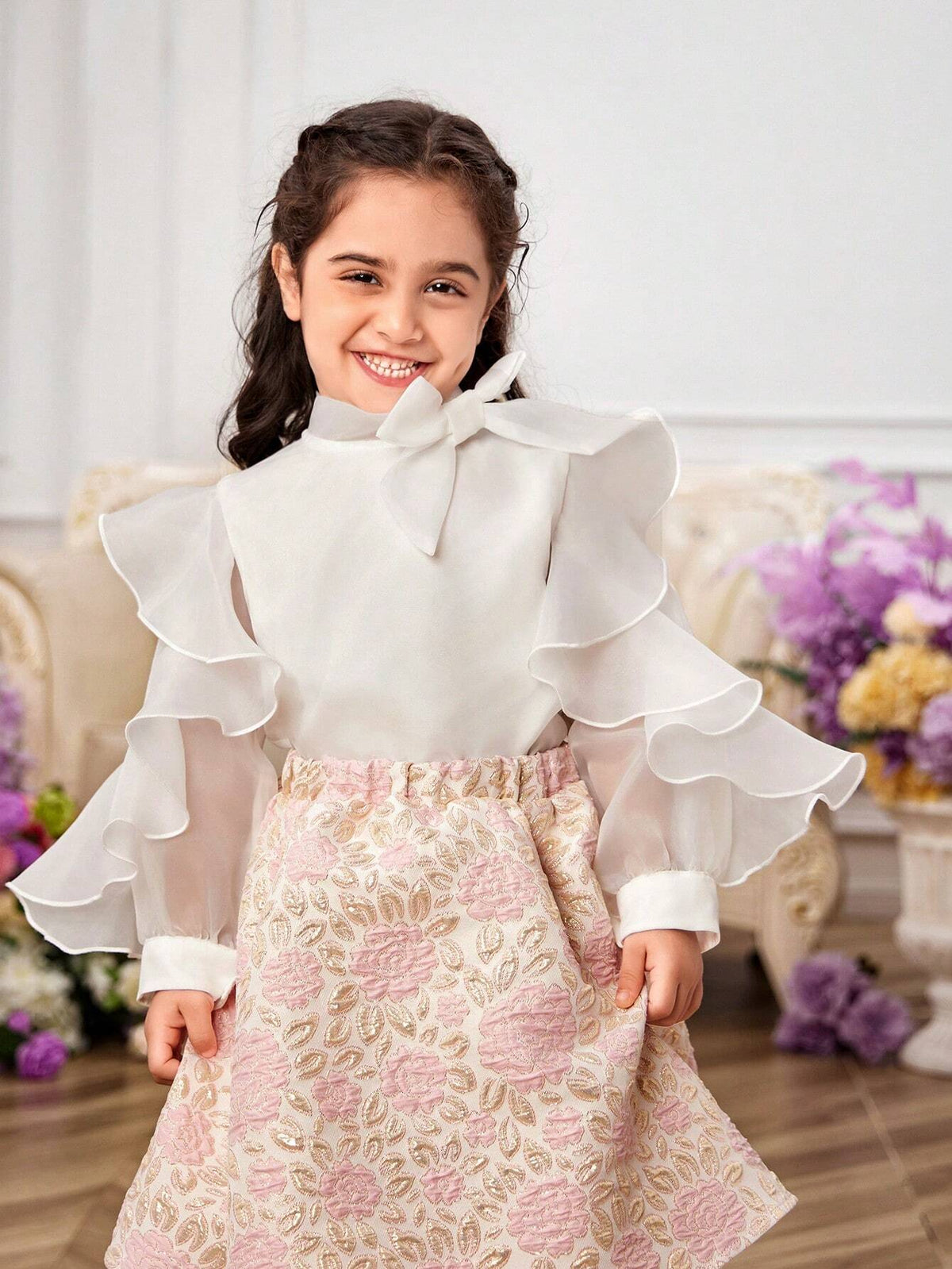 Young Girl's Woven Solid Color Stand Collar Ruffle Integrated Elegant Shirt