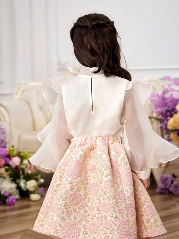 Young Girl's Woven Solid Color Stand Collar Ruffle Integrated Elegant Shirt