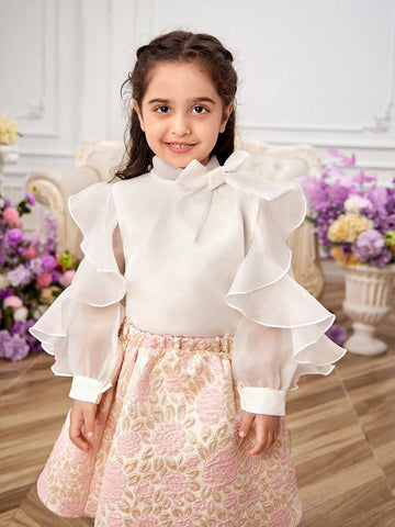 Young Girl's Woven Solid Color Stand Collar Ruffle Integrated Elegant Shirt