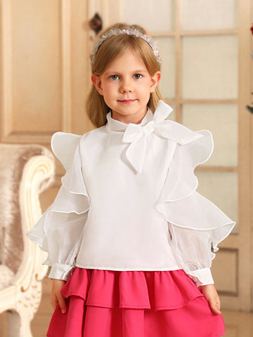 Young Girl's Woven Solid Color Stand Collar Ruffle Integrated Elegant Shirt