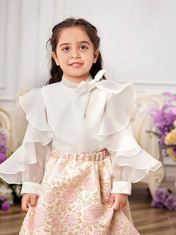 Young Girl's Woven Solid Color Stand Collar Ruffle Integrated Elegant Shirt