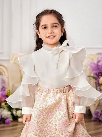 Young Girl's Woven Solid Color Stand Collar Ruffle Integrated Elegant Shirt