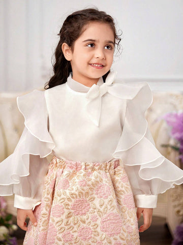 Young Girl's Woven Solid Color Stand Collar Ruffle Integrated Elegant Shirt