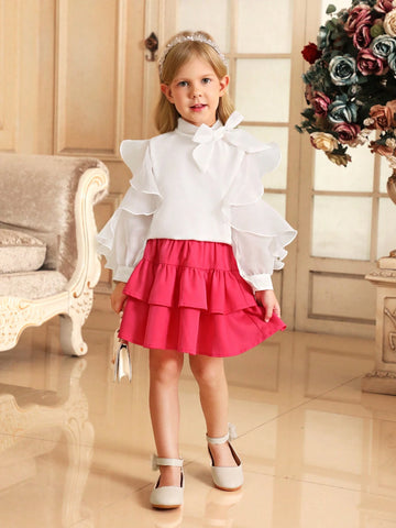 Young Girl's Woven Solid Color Stand Collar Ruffle Integrated Elegant Shirt