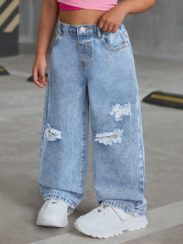 Young Girls Y2K Casual Distressed Loose Wide-Leg Denim Jeans,Street Cool Style Denim Pants, Girl Fall And Winter Clothes