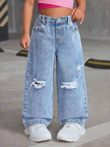 Young Girls Y2K Casual Distressed Loose Wide-Leg Denim Jeans,Street Cool Style Denim Pants, Girl Fall And Winter Clothes