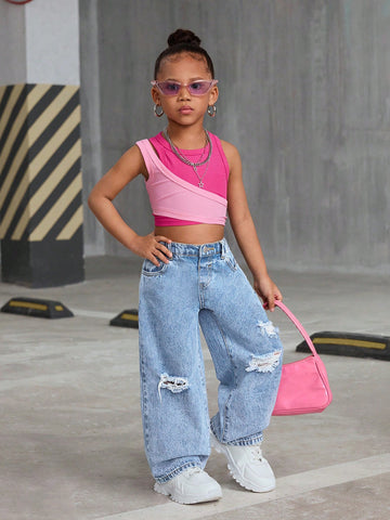 Young Girls Y2K Casual Distressed Loose Wide-Leg Denim Jeans,Street Cool Style Denim Pants, Girl Fall And Winter Clothes