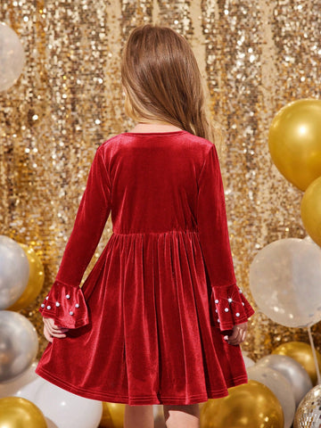 Young Girls & Toddler Girls Christmas Red Elegant Velvet Beaded Party Dress, Suitable For Christmas Parties
