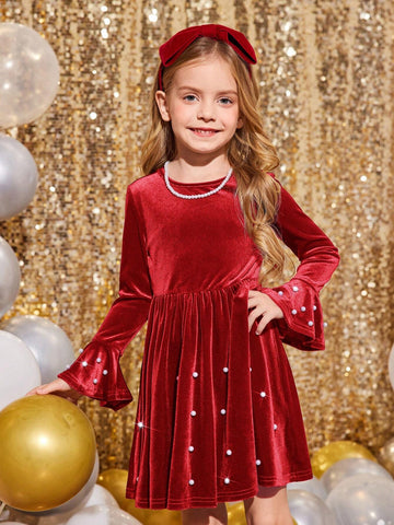 Young Girls & Toddler Girls Christmas Red Elegant Velvet Beaded Party Dress, Suitable For Christmas Parties
