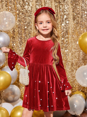 Young Girls & Toddler Girls Christmas Red Elegant Velvet Beaded Party Dress, Suitable For Christmas Parties