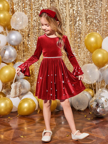Young Girls & Toddler Girls Christmas Red Elegant Velvet Beaded Party Dress, Suitable For Christmas Parties