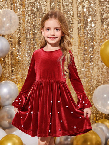 Young Girls & Toddler Girls Christmas Red Elegant Velvet Beaded Party Dress, Suitable For Christmas Parties