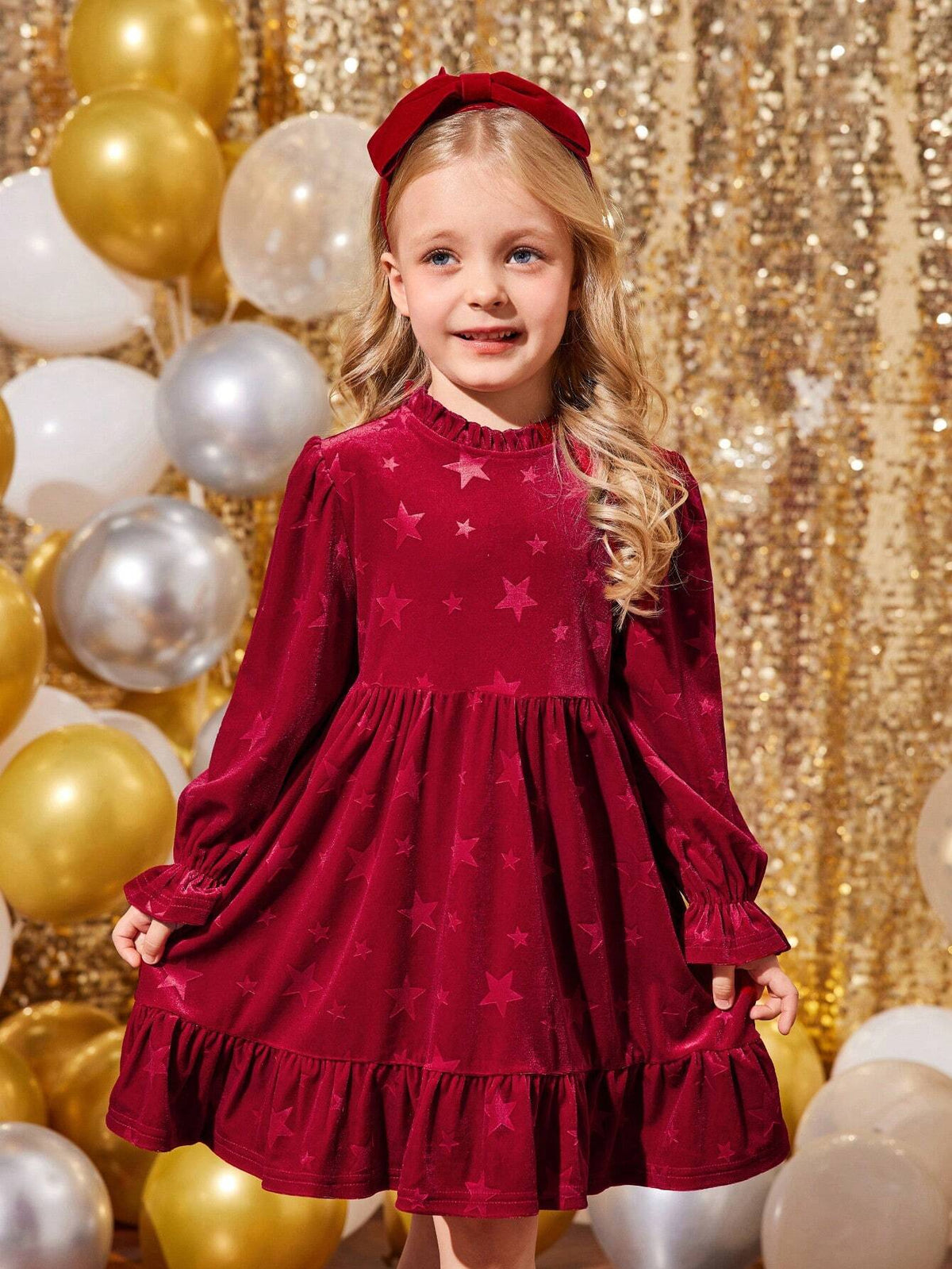 Young Girls & Toddler Girls Christmas Red Elegant Velvet Dress, Suitable For Christmas Party Wear