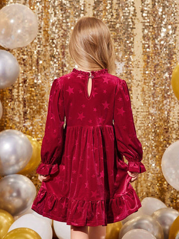 Young Girls & Toddler Girls Christmas Red Elegant Velvet Dress, Suitable For Christmas Party Wear