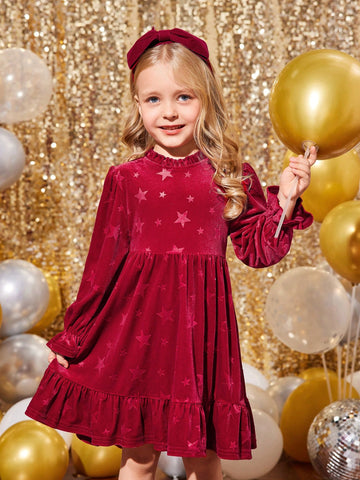 Young Girls & Toddler Girls Christmas Red Elegant Velvet Dress, Suitable For Christmas Party Wear