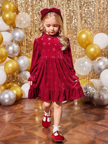 Young Girls & Toddler Girls Christmas Red Elegant Velvet Dress, Suitable For Christmas Party Wear