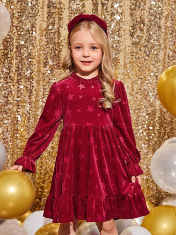 Young Girls & Toddler Girls Christmas Red Elegant Velvet Dress, Suitable For Christmas Party Wear