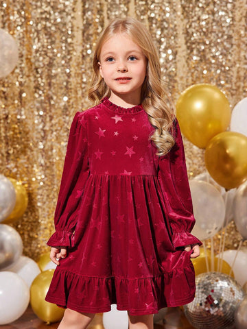 Young Girls & Toddler Girls Christmas Red Elegant Velvet Dress, Suitable For Christmas Party Wear