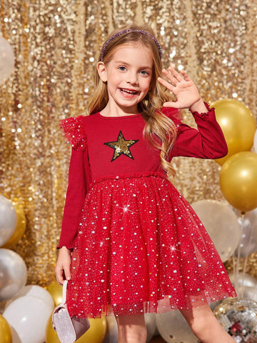Young Girls & Toddler Girls Elegant Knit Contrast Mesh Dress, Suitable For Casual Daily Wear And Party Occasions