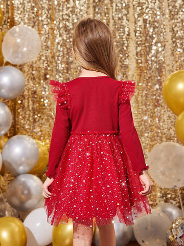 Young Girls & Toddler Girls Elegant Knit Contrast Mesh Dress, Suitable For Casual Daily Wear And Party Occasions