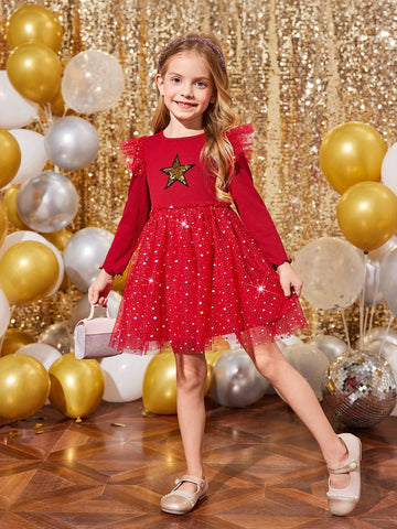 Young Girls & Toddler Girls Elegant Knit Contrast Mesh Dress, Suitable For Casual Daily Wear And Party Occasions