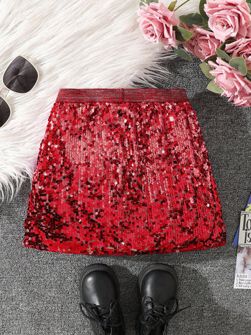 Young Girls & Toddler Girls Elegant Ombre Sequin Decorative Midi Skirt, Suitable For Party Occasions