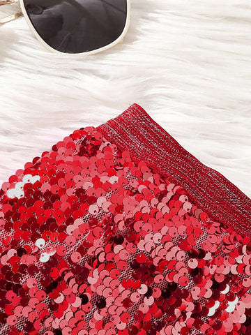 Young Girls & Toddler Girls Elegant Ombre Sequin Decorative Midi Skirt, Suitable For Party Occasions