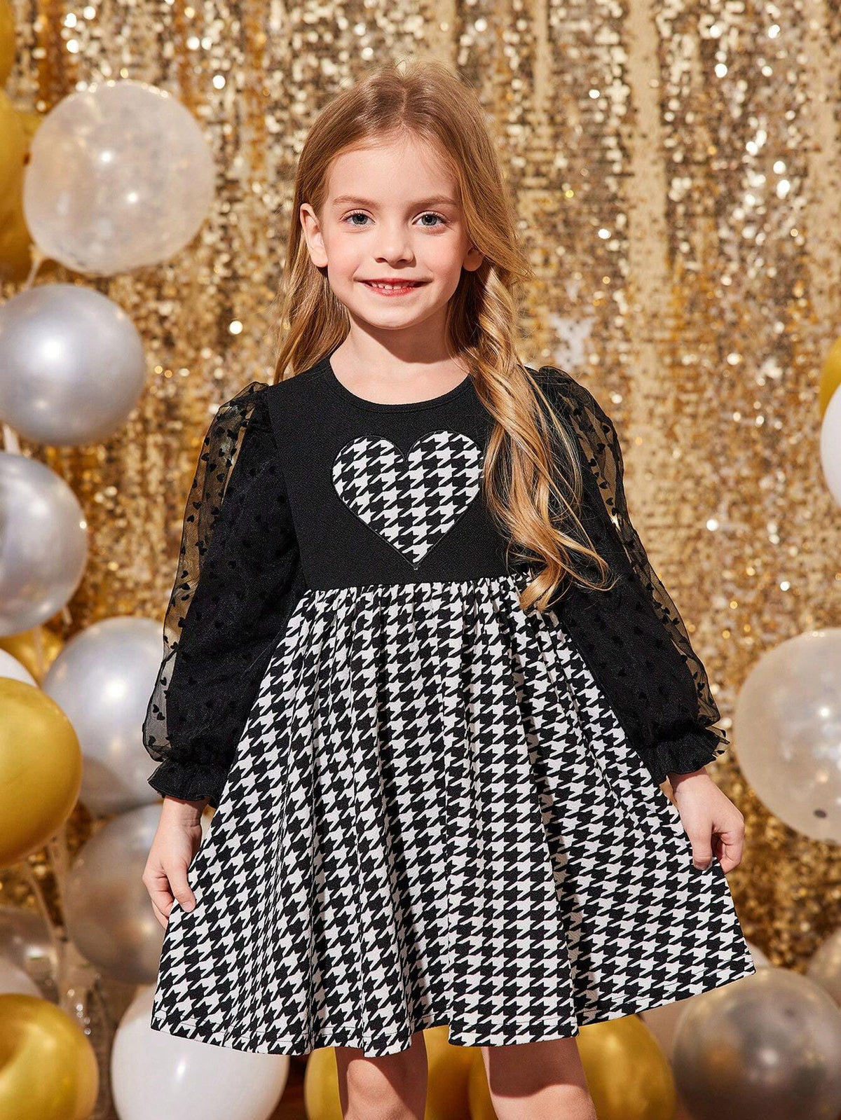 Young Girls & Toddler Girls Puff Sleeve Heart Patch Houndstooth Print Casual Dress, Suitable For Everyday Wear