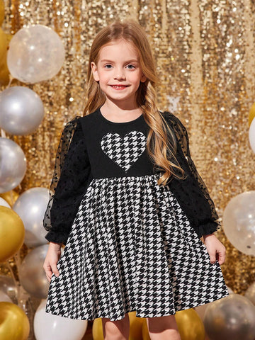 Young Girls & Toddler Girls Puff Sleeve Heart Patch Houndstooth Print Casual Dress, Suitable For Everyday Wear