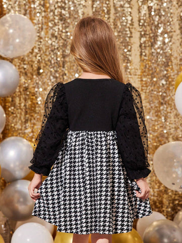 Young Girls & Toddler Girls Puff Sleeve Heart Patch Houndstooth Print Casual Dress, Suitable For Everyday Wear