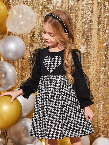 Young Girls & Toddler Girls Puff Sleeve Heart Patch Houndstooth Print Casual Dress, Suitable For Everyday Wear