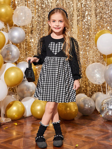 Young Girls & Toddler Girls Puff Sleeve Heart Patch Houndstooth Print Casual Dress, Suitable For Everyday Wear