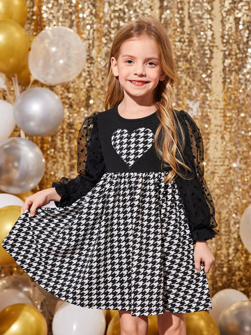 Young Girls & Toddler Girls Puff Sleeve Heart Patch Houndstooth Print Casual Dress, Suitable For Everyday Wear