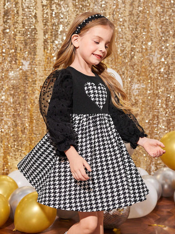 Young Girls & Toddler Girls Puff Sleeve Heart Patch Houndstooth Print Casual Dress, Suitable For Everyday Wear